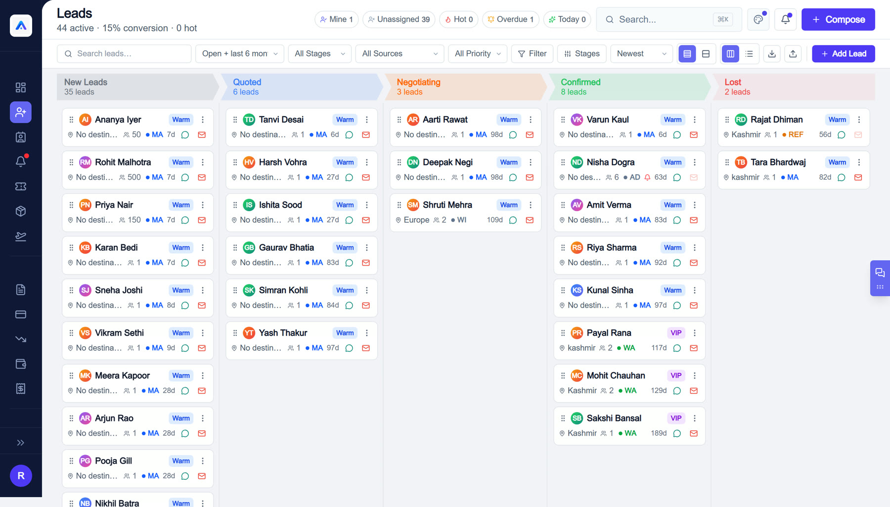 Adwix Atlas lead pipeline with New, Quoted, Negotiating, Confirmed and Lost stages
