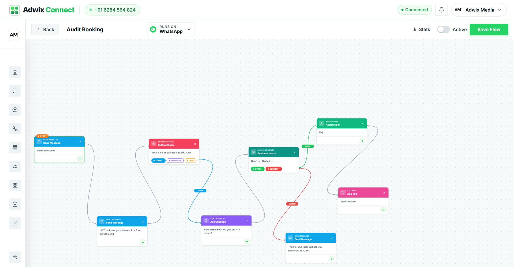 Adwix Connect flow builder showing an audit booking chatbot with branching questions