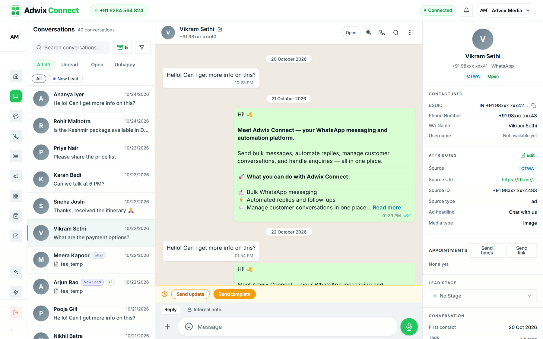 Adwix Connect team inbox with a WhatsApp conversation, contact details and lead source